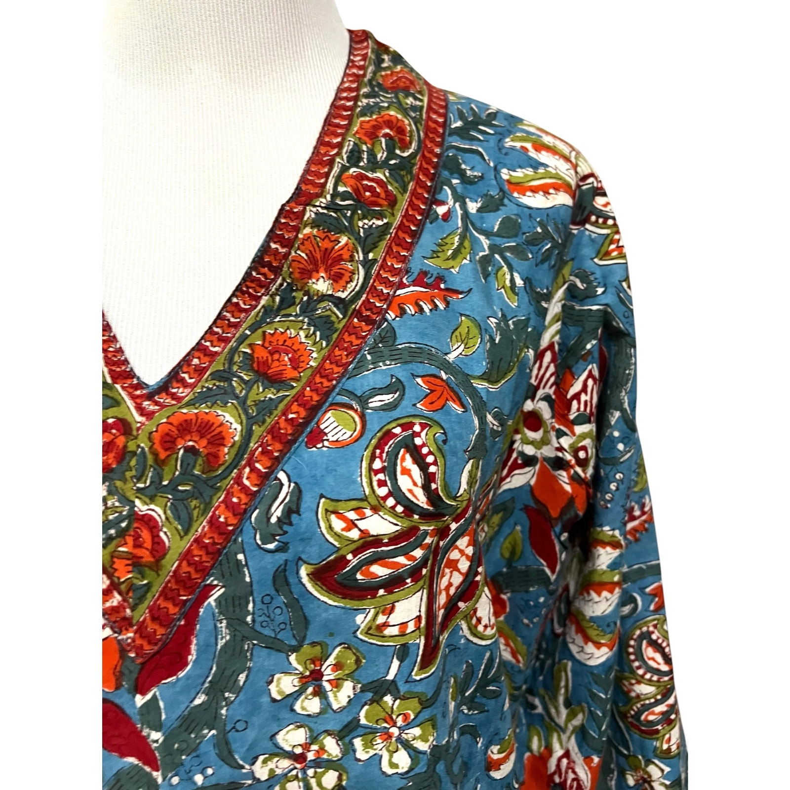 Pax Philomena Fleury Blue Floral Cotton Tunic Hand Block Printed Beaded Top Xxl — image 4 of 8